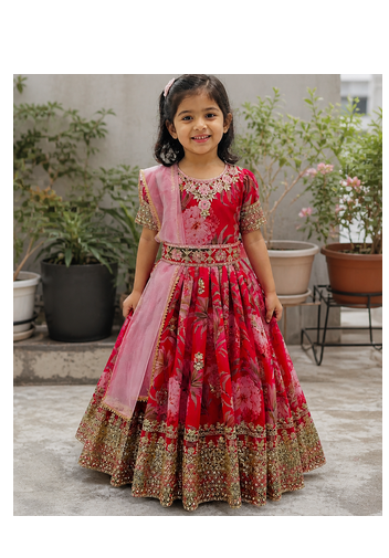 Red digital print gown with embroidered sequins 1
