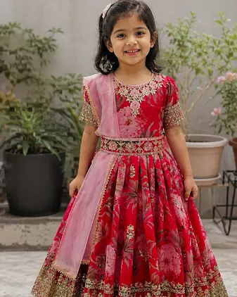 Red digital print gown with embroidered sequins