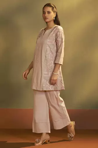 Brown pure cotton embroidered co-ord set for women