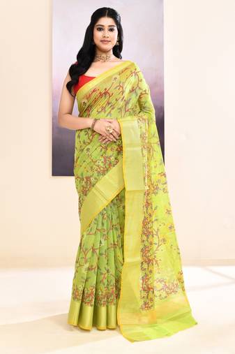 Women's olive embellished cotton blend printed saree
