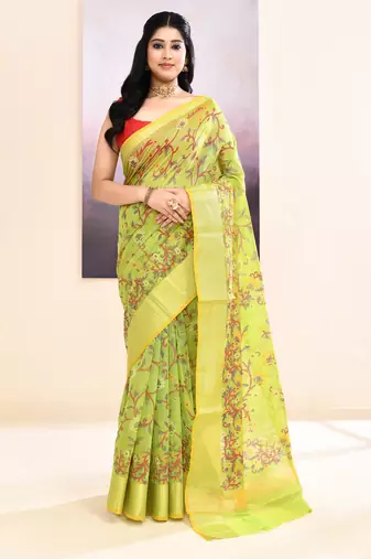 Women's olive embellished cotton blend printed saree