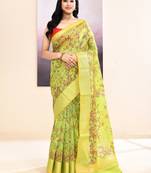 Women's olive embellished cotton blend printed saree