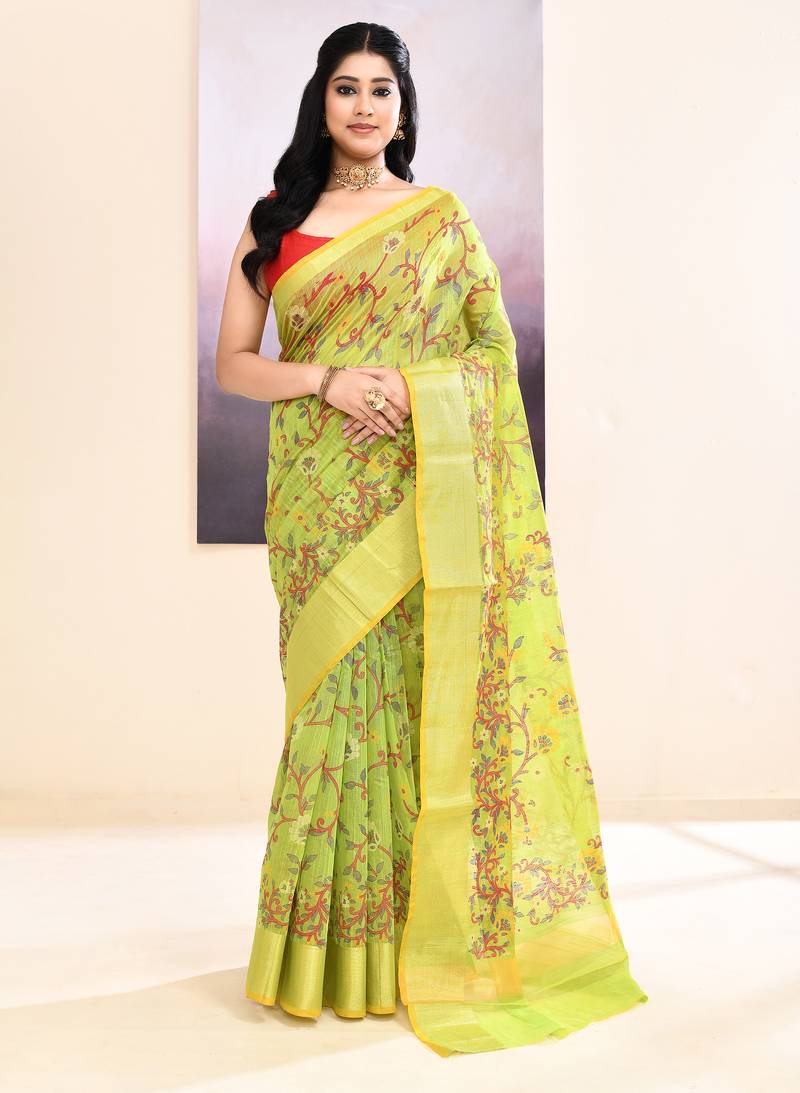 Women's olive embellished cotton blend printed saree