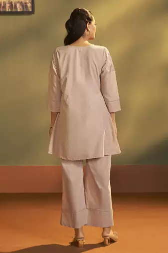 Brown pure cotton embroidered co-ord set for women