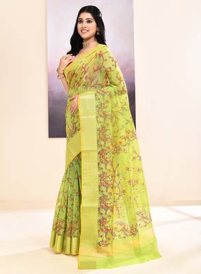 Women's olive embellished cotton blend printed saree 2