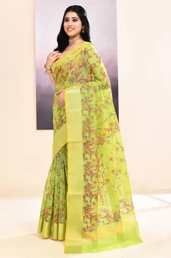 Women's olive embellished cotton blend printed saree