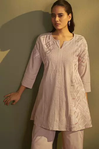 Brown pure cotton embroidered co-ord set for women