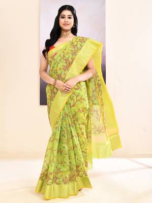 Women's olive embellished cotton blend printed saree 3