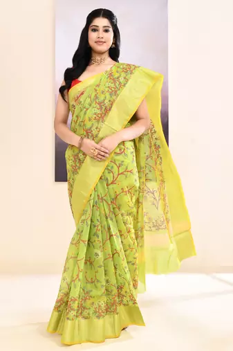 Women's olive embellished cotton blend printed saree