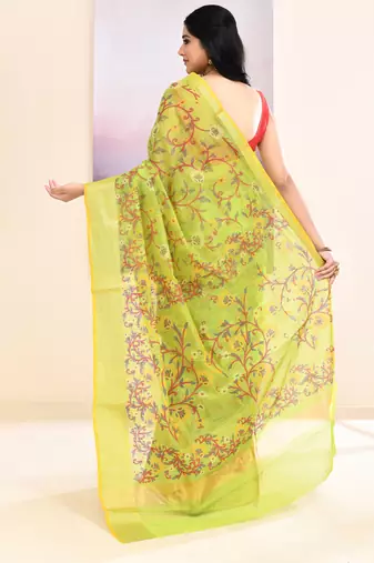 Women's olive embellished cotton blend printed saree