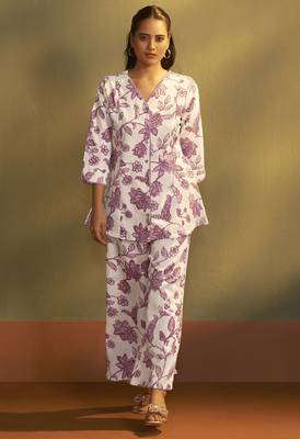 Women   s cream cotton blend printed co-ord set 2