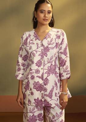 Women   s cream cotton blend printed co-ord set 4