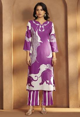 Purple viscose rayon printed straight co-ord set 1