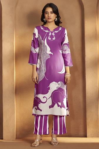 Purple viscose rayon printed straight co-ord set