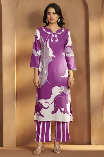 Purple viscose rayon printed straight co-ord set