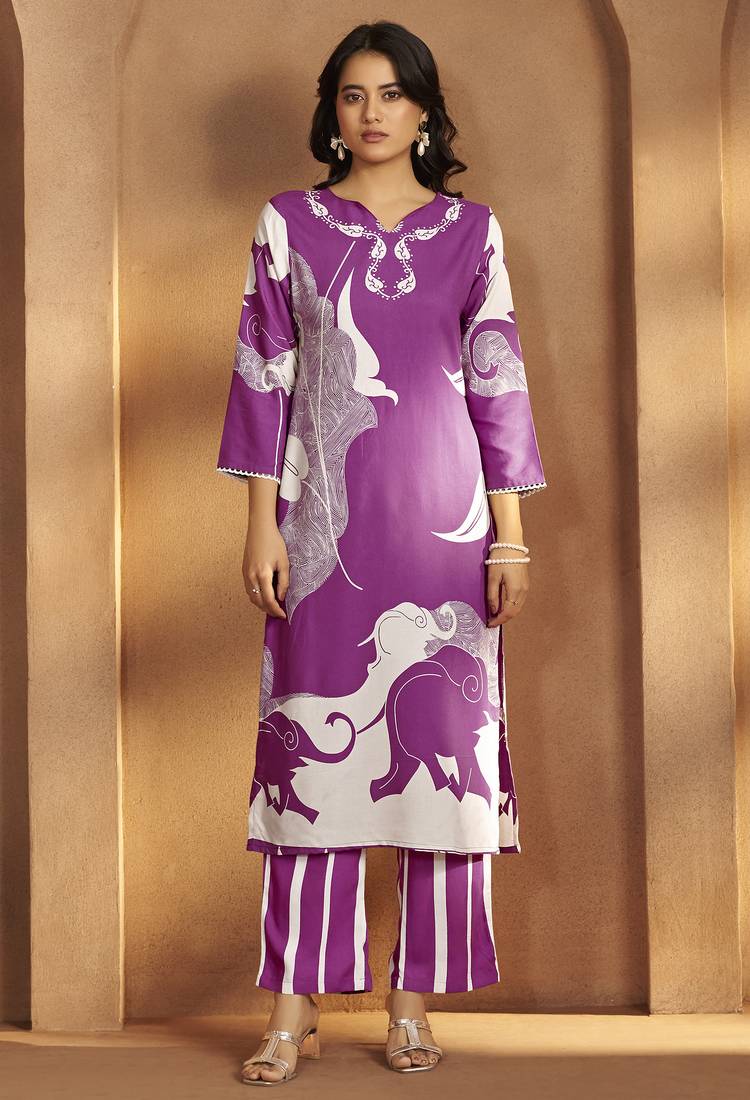 Purple viscose rayon printed straight co-ord set
