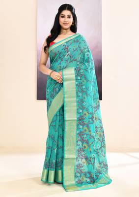 Women's turquoise embellished cotton blend printed saree 1