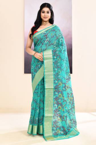 Women's turquoise embellished cotton blend printed saree