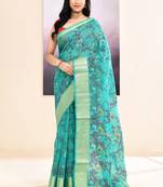 Women's turquoise embellished cotton blend printed saree