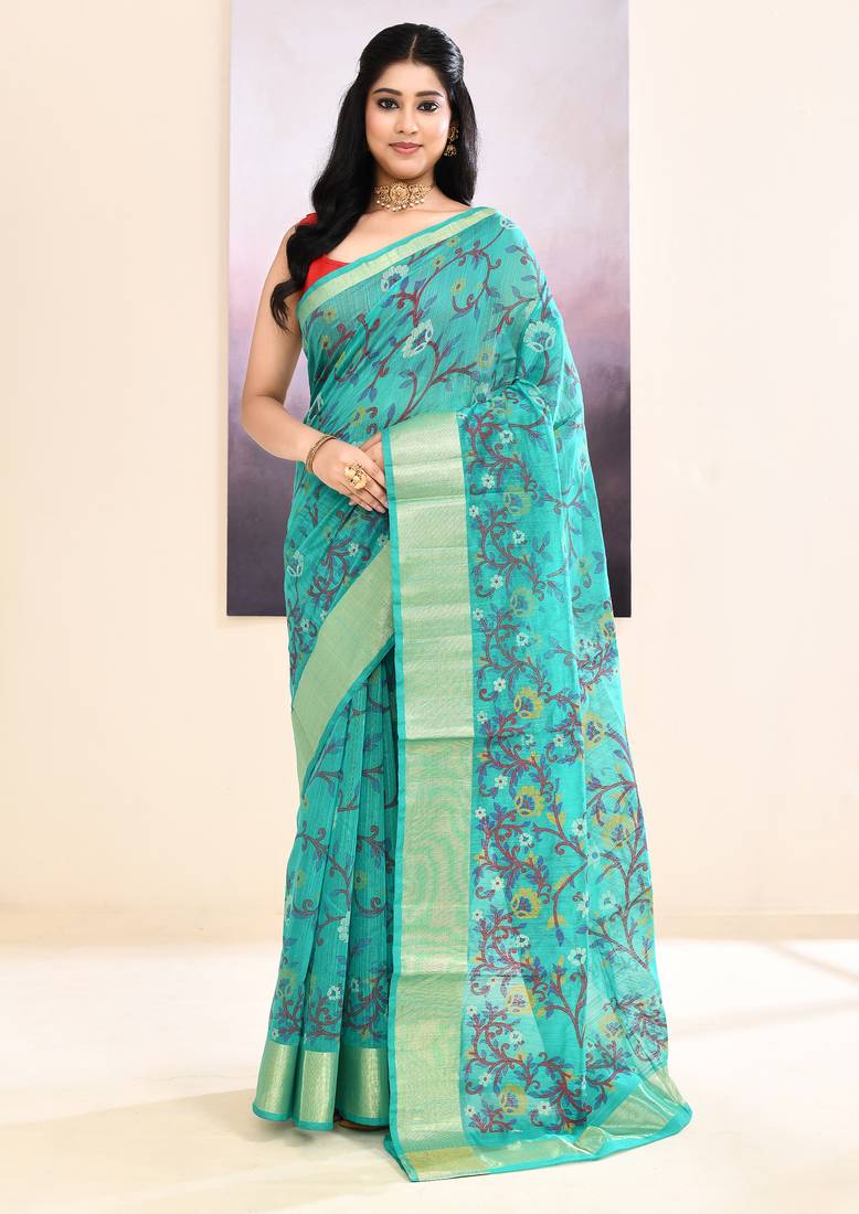 Women's turquoise embellished cotton blend printed saree