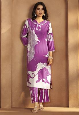 Purple viscose rayon printed straight co-ord set 2
