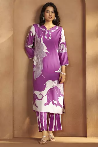 Purple viscose rayon printed straight co-ord set