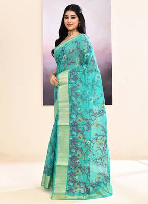 Women's turquoise embellished cotton blend printed saree 2