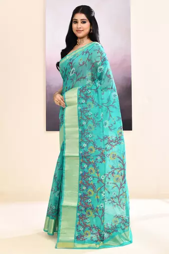 Women's turquoise embellished cotton blend printed saree