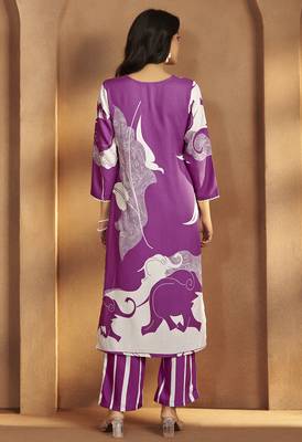 Purple viscose rayon printed straight co-ord set 4