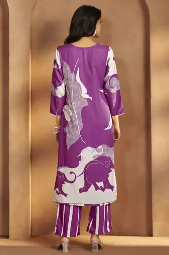 Purple viscose rayon printed straight co-ord set