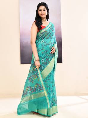 Women's turquoise embellished cotton blend printed saree 3