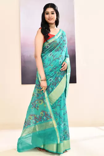 Women's turquoise embellished cotton blend printed saree
