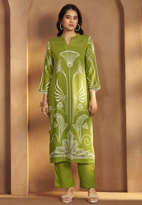 Green viscose rayon printed straight co-ord set 1
