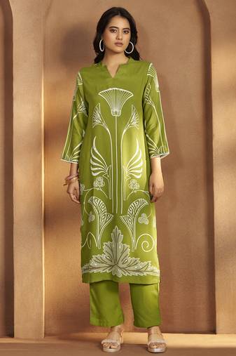 Green viscose rayon printed straight co-ord set