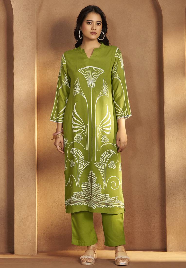Green viscose rayon printed straight co-ord set