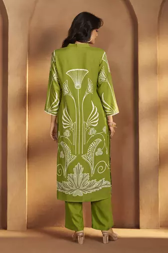 Green viscose rayon printed straight co-ord set