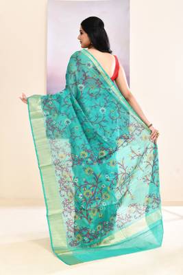 Women's turquoise embellished cotton blend printed saree 4