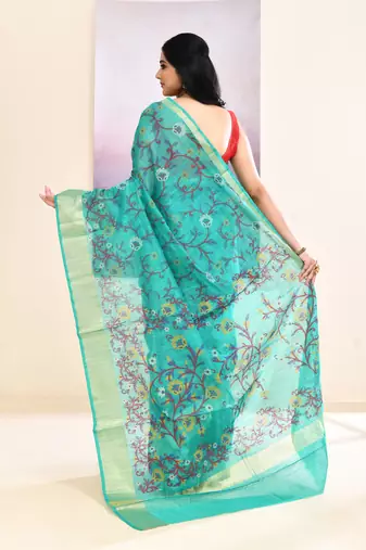 Women's turquoise embellished cotton blend printed saree