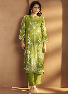 Green viscose rayon printed straight co-ord set 3