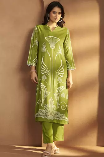 Green viscose rayon printed straight co-ord set