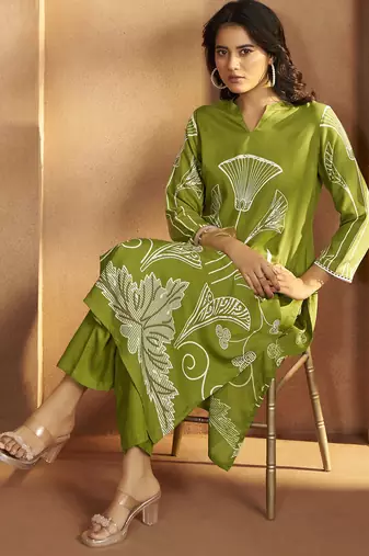 Green viscose rayon printed straight co-ord set