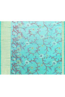 Women's turquoise embellished cotton blend printed saree 5