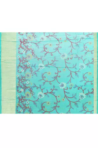 Women's turquoise embellished cotton blend printed saree