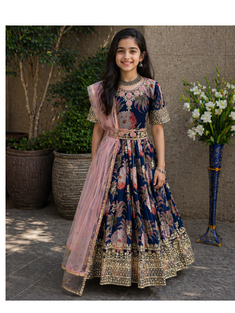 Navy Blue  Digital Print Gown With Embroidered Sequins  1