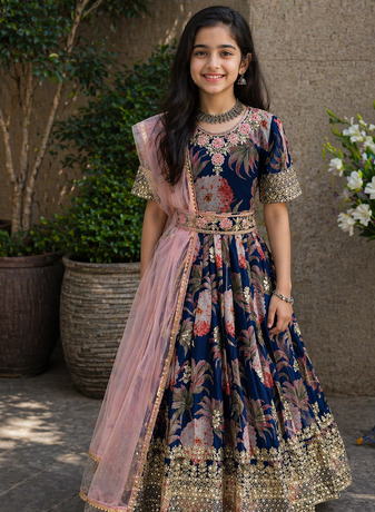 Navy Blue  Digital Print Gown With Embroidered Sequins 