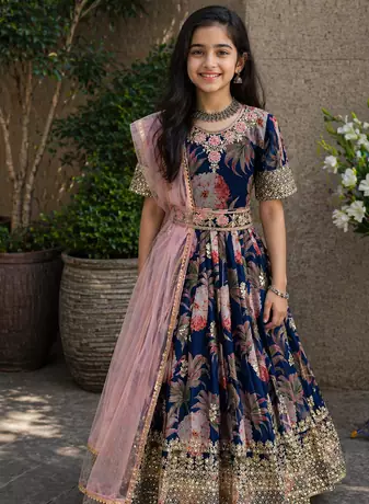 Navy Blue  Digital Print Gown With Embroidered Sequins 