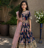 Navy Blue  Digital Print Gown With Embroidered Sequins 