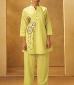 Women yellow pure cotton embroidered straight kurta co-ord set