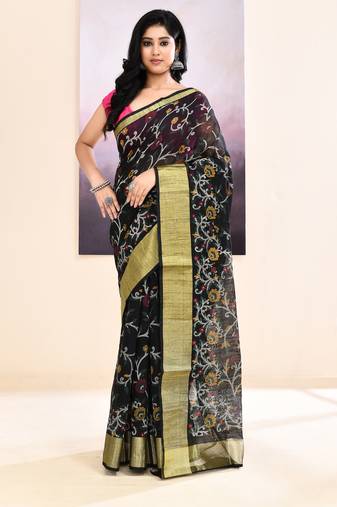 Women's black embellished cotton blend printed saree