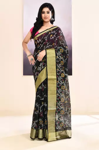 Women's black embellished cotton blend printed saree